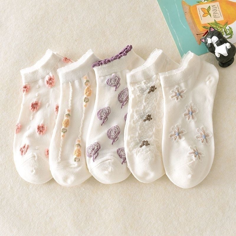 🌸5 Pairs Womens Sheer Floral Mesh Ankle Socks
