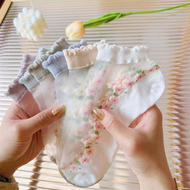 🌸5 Pairs Womens Sheer Floral Mesh Ankle Socks