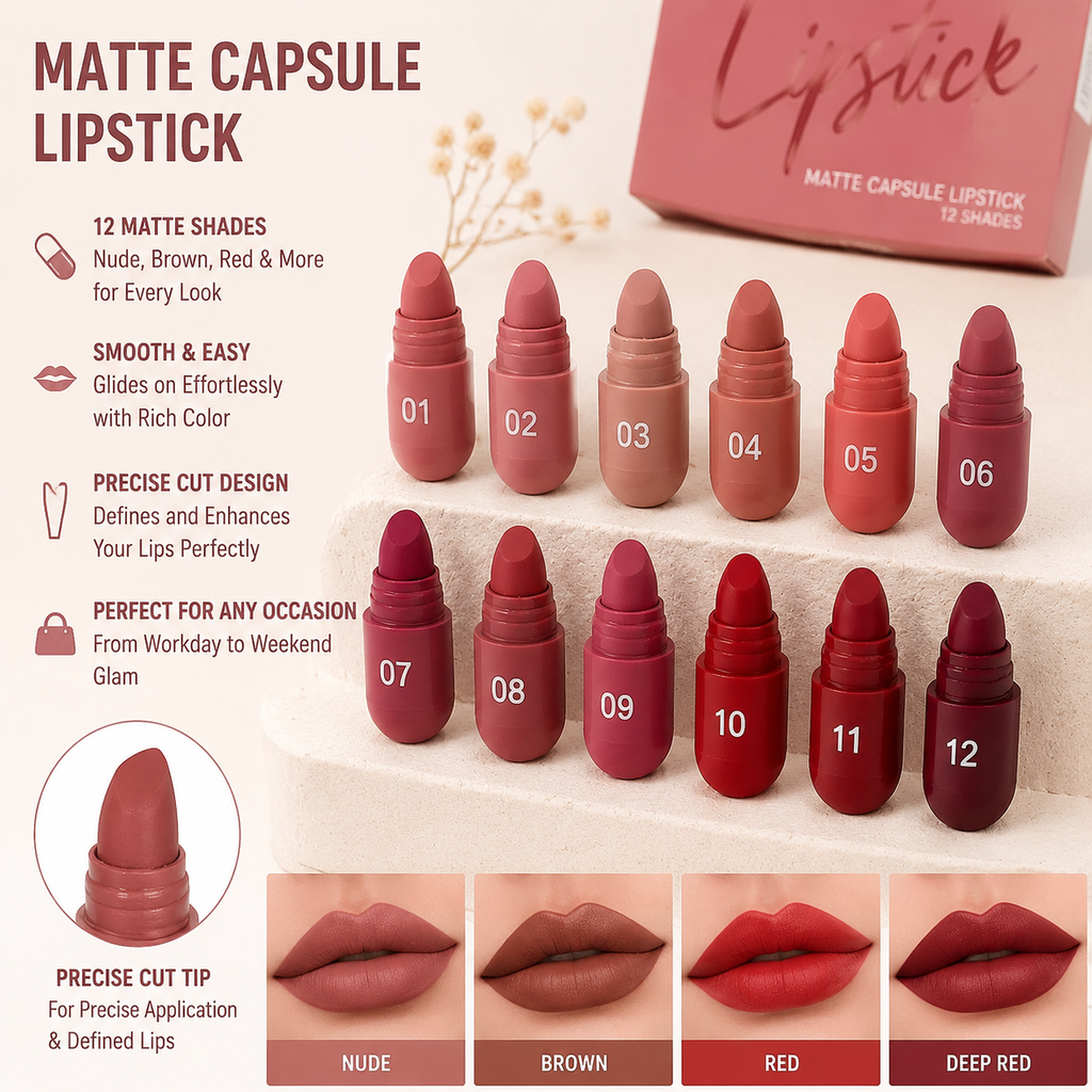 💋💄12-Color Matte Capsule Lipstick Set – Waterproof and Long-Lasting
